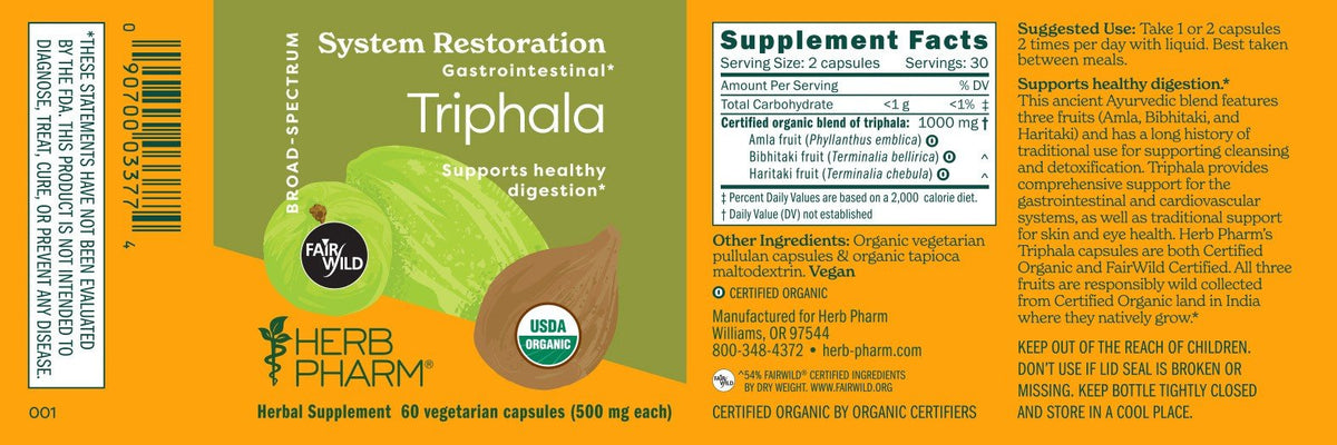 Herb Pharm Triphala-Organic-Broad-Spectrum-500 mg 60 Veg Caplet