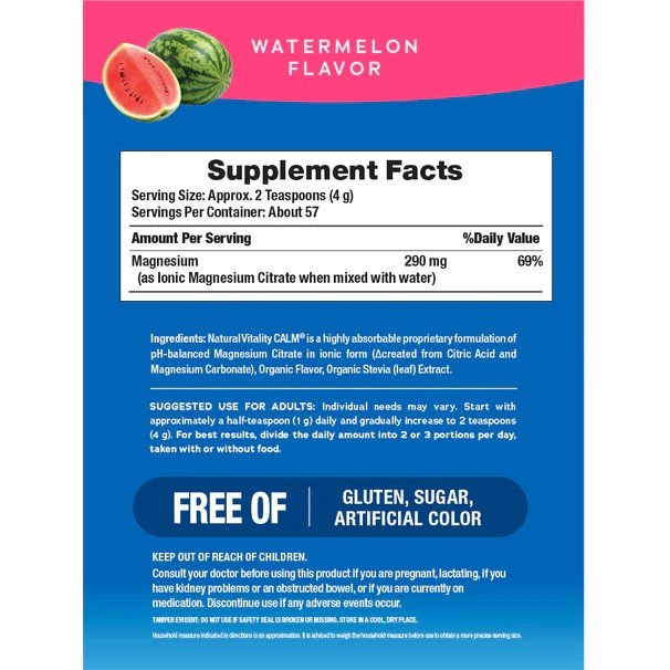 Natural Vitality Calm Relaxing Drink Mix - Magnesium Citrate - Watermelon Flavor 8 oz Powder