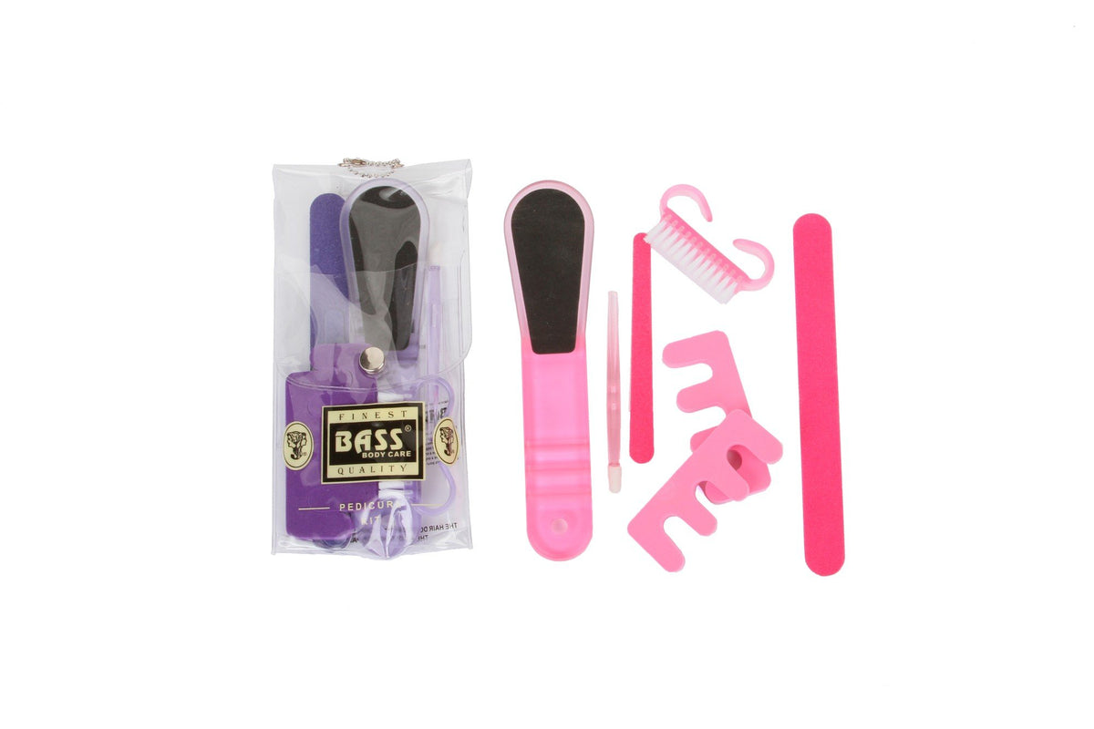 Bass Brushes Pedicure Set Foot File Toe Separators Cuticle Sticks Emery Boards &amp; Nair Brush Colors 1 Kit