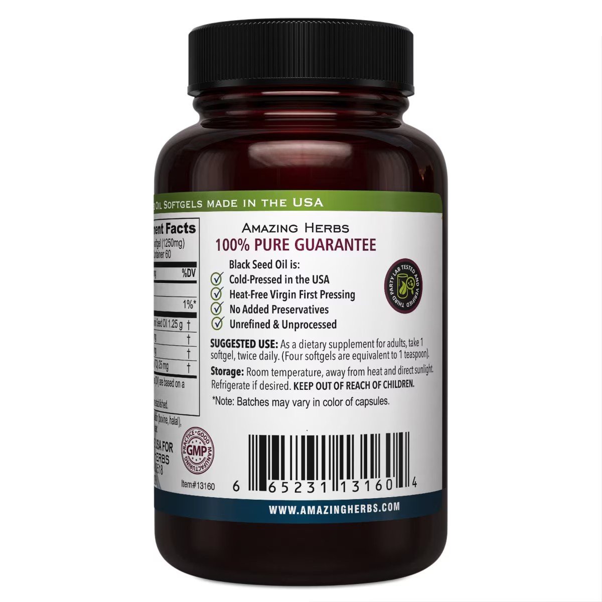 Amazing Herbs Premium Black seed Oil 1250 mg 60 Softgel