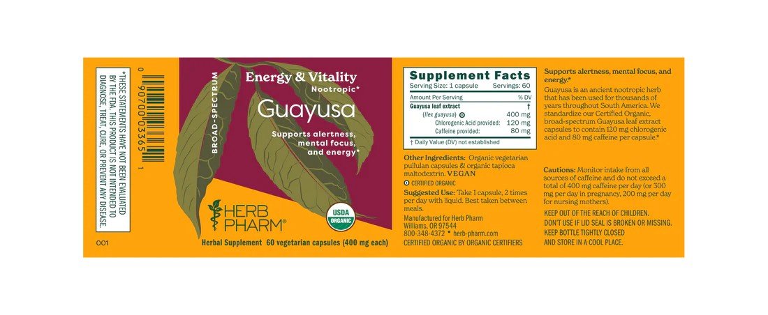 Herb Pharm Guayusa-Organic-Broad-Spectrum-400 mg 60 Veg Caplet