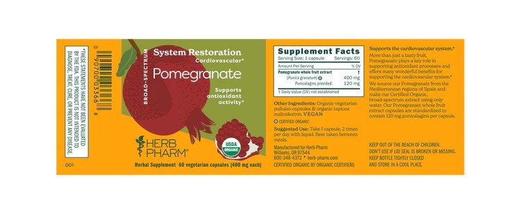 Herb Pharm Pomegranate-Organic-Broad-Spectrum-500 mg 60 Veg Caplet