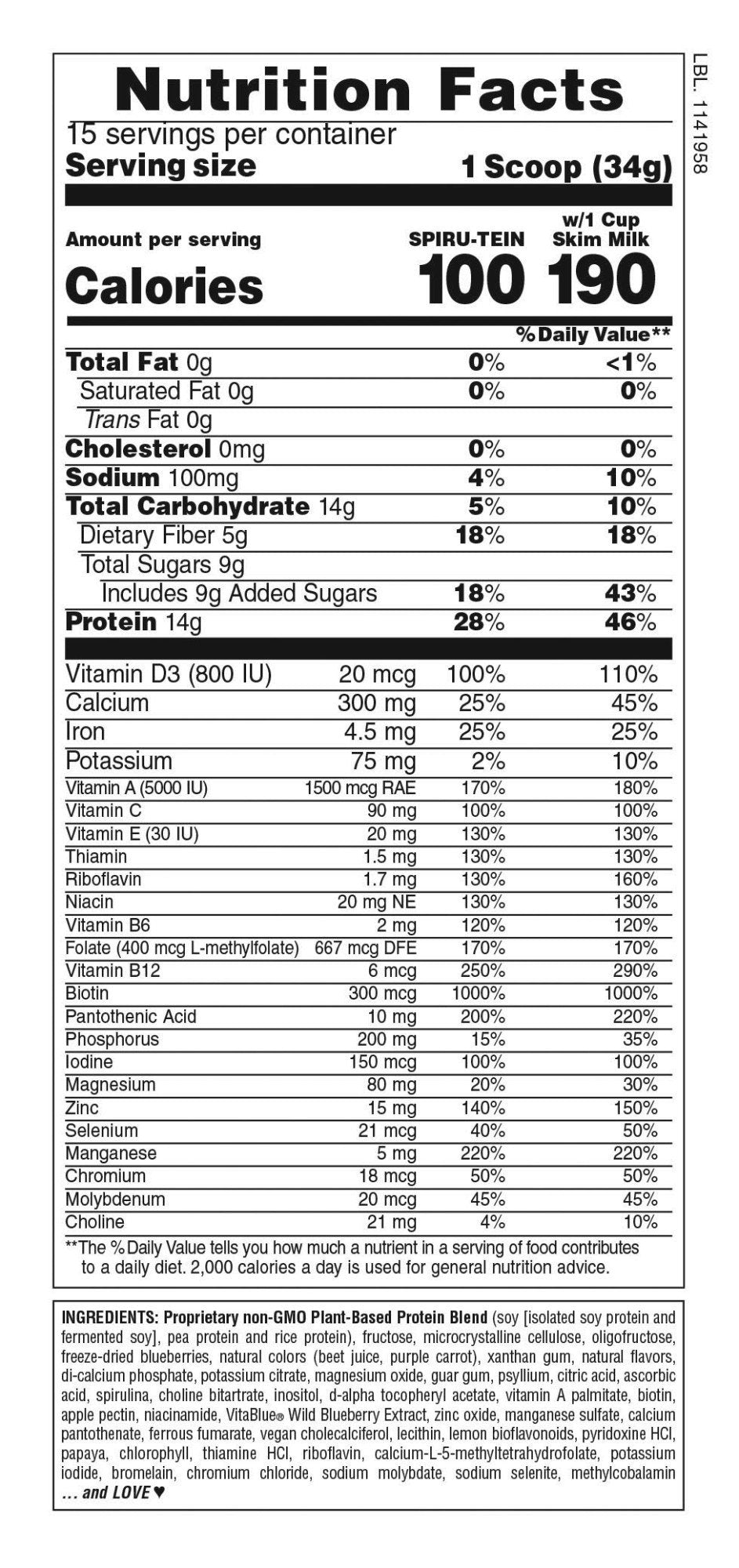 Nature's Plus Spiru-Tein Protein Powder Meal-Blueberries & Cream 1.12 lbs Powder