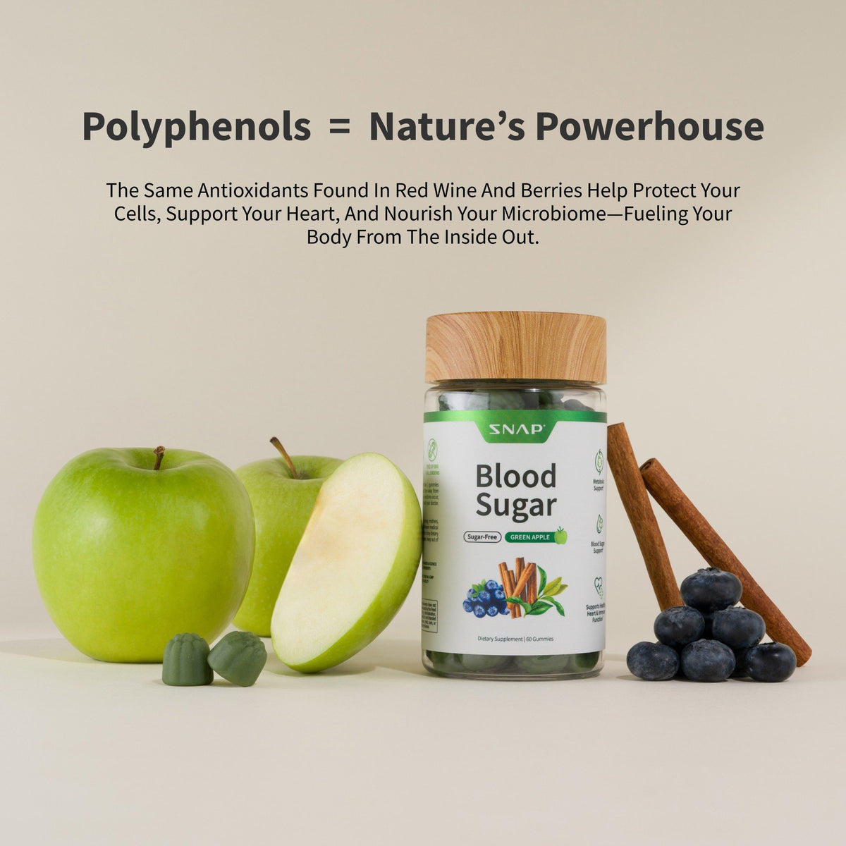 Snap Supplements Blood Sugar - Sugar-Free Green Apple Flavor 60 Gummies