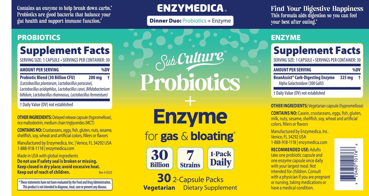 Enzymedica SubCulture Probiotics+Enzymes-Dinner Duo for Gas & Bloating 30 Capsule