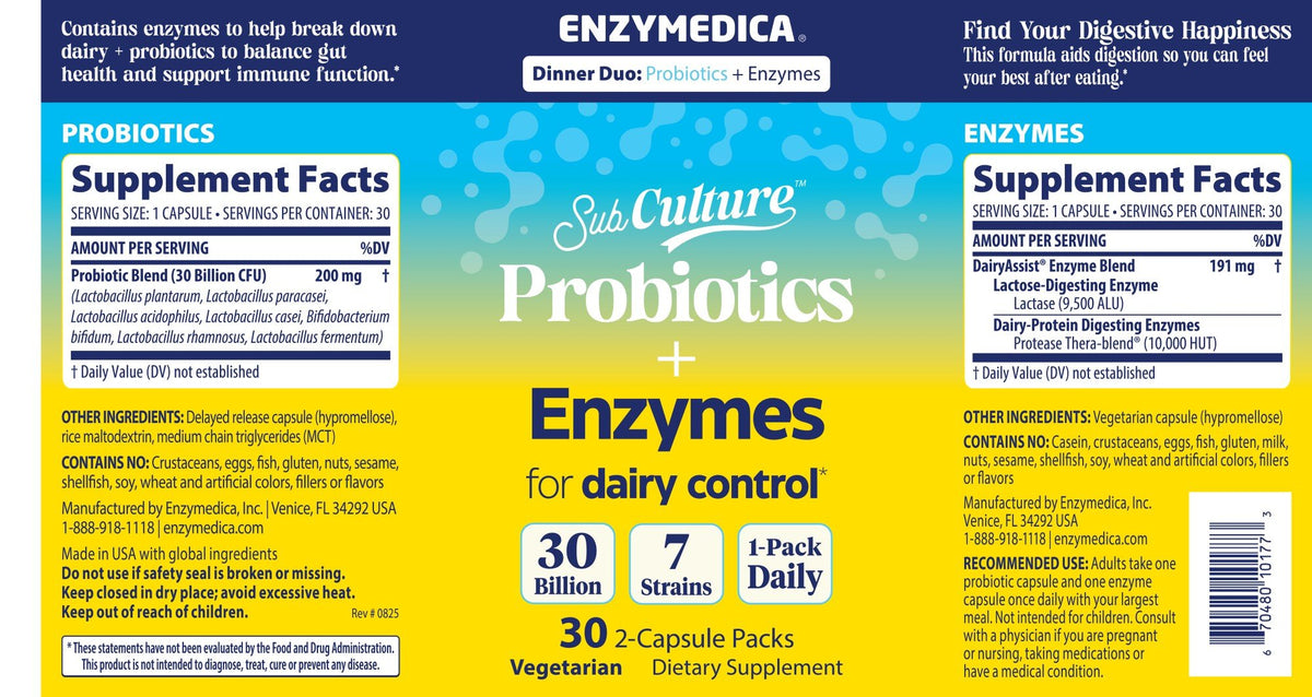 Enzymedica SubCulture Probiotics+Enzymes-Dinner Duo for Dairy Control 30 Capsule