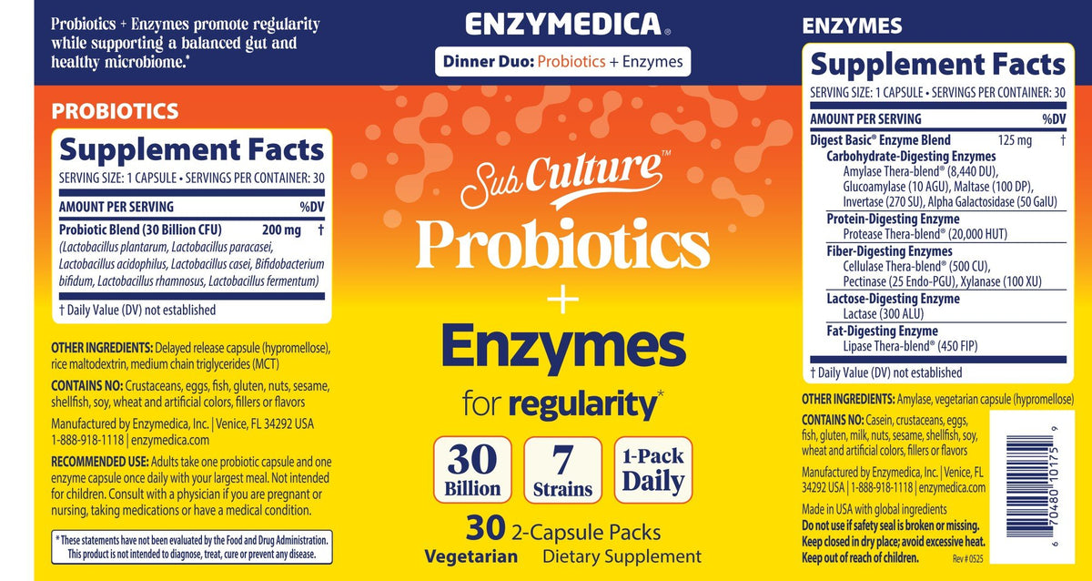 Enzymedica SubCulture Probiotics+Enzymes-Dinner Duo for Regularity 30 Capsule