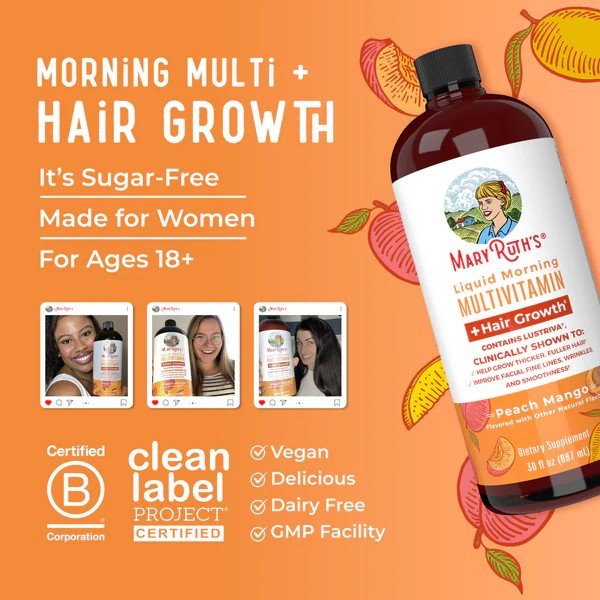 MaryRuth's Liquid Morning Multivitamin + Hair Growth-Peach Mango 30 fl oz (887 mL) Liquid