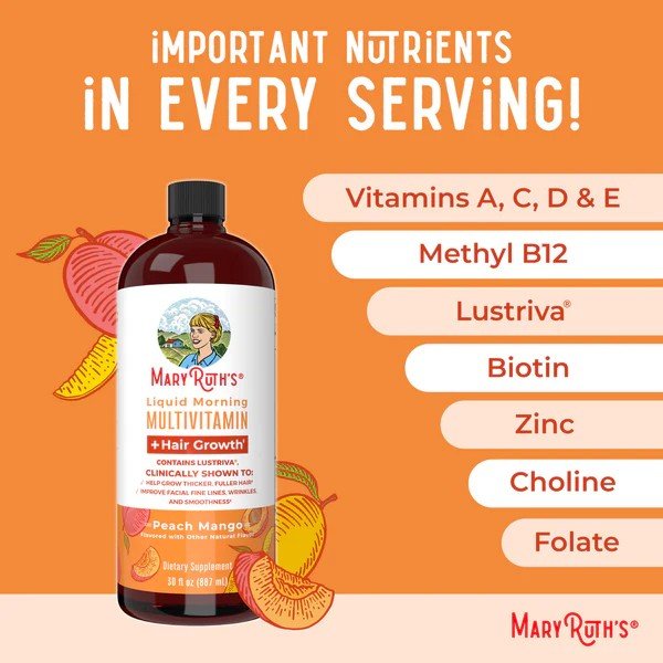 MaryRuth's Liquid Morning Multivitamin + Hair Growth-Peach Mango 30 fl oz (887 mL) Liquid