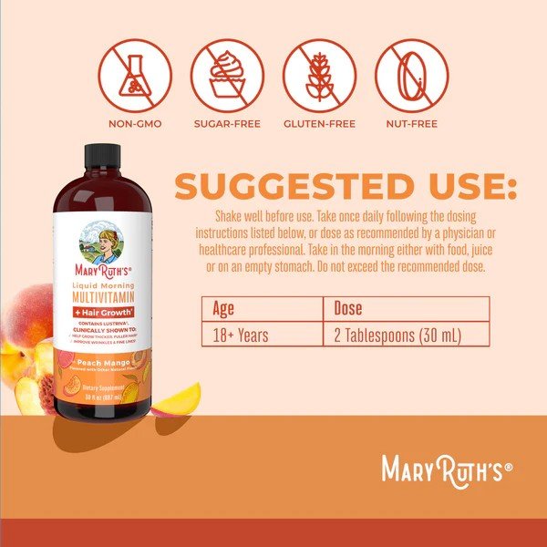 MaryRuth's Liquid Morning Multivitamin + Hair Growth-Peach Mango 30 fl oz (887 mL) Liquid