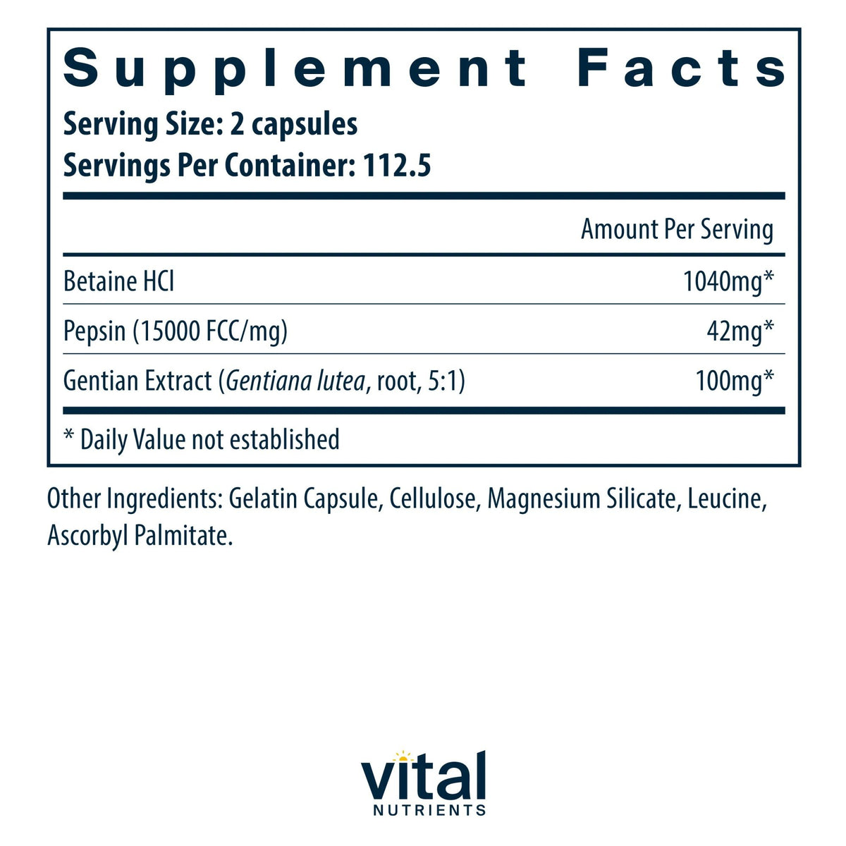 Vital Nutrients Betaine HCL &amp; Pepsin 225 Capsule