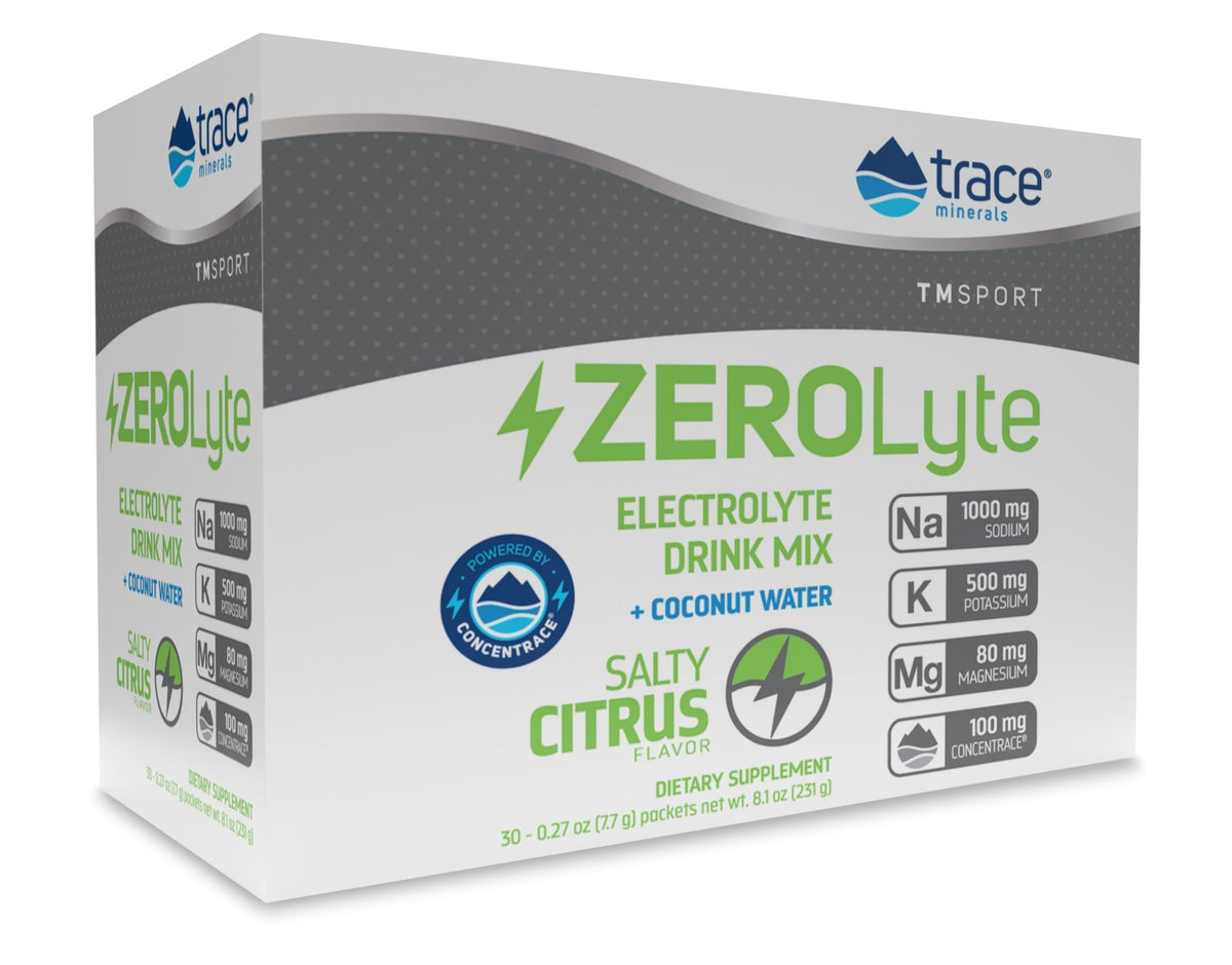 Trace Minerals TMSPORT-ZeroLyte-Electrolyte Drink Mix + Coconut Water-ZeroLyte-Salty Citrus Flavor- 30 Packets Box