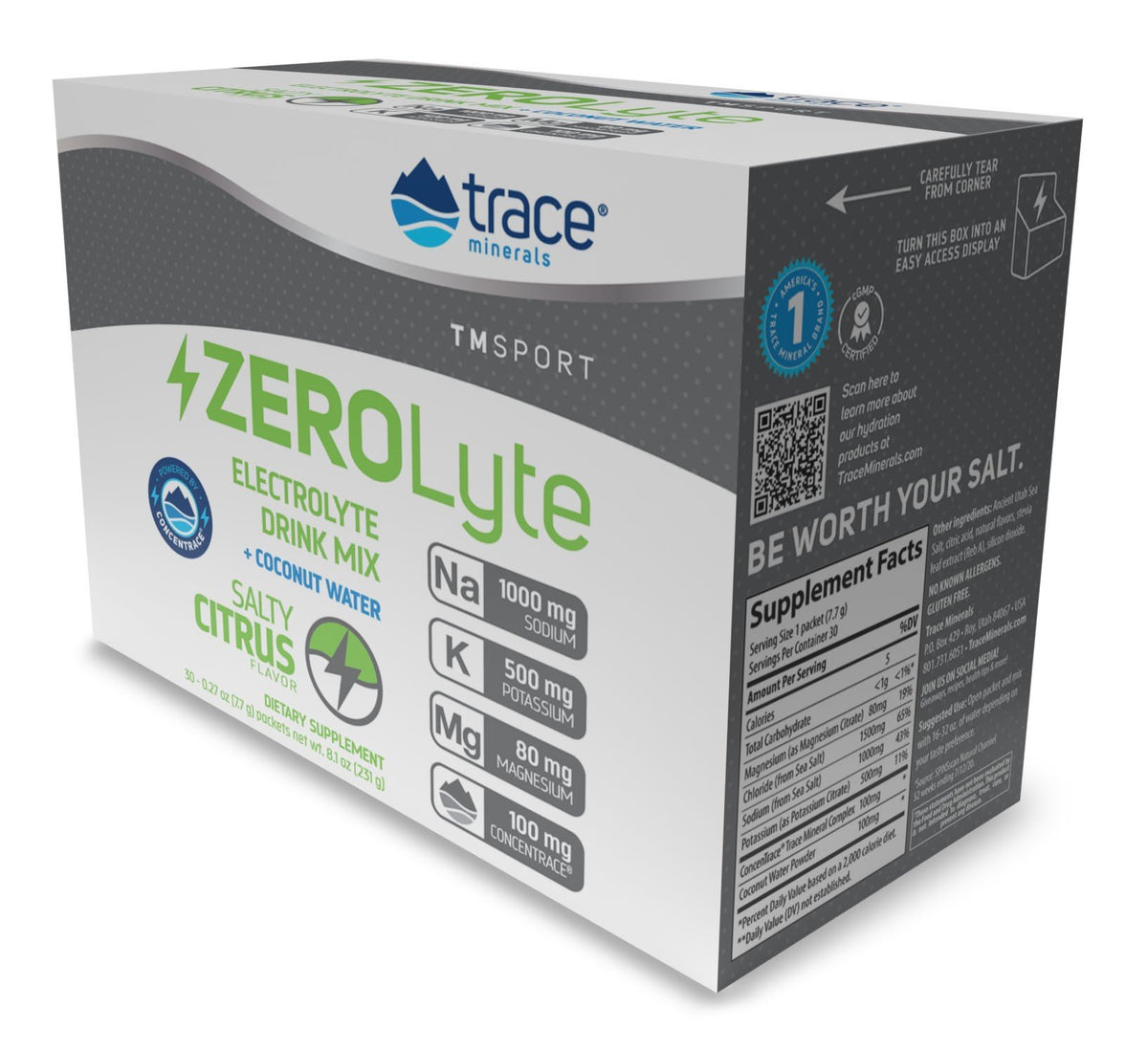 Trace Minerals TMSPORT-ZeroLyte-Electrolyte Drink Mix + Coconut Water-ZeroLyte-Salty Citrus Flavor- 30 Packets Box