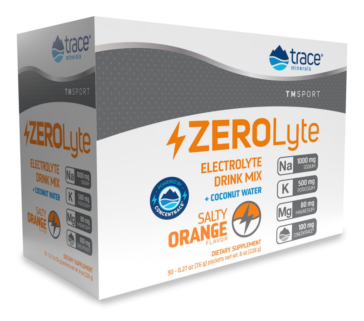 Trace Minerals TMSPORT-ZeroLyte-Electrolyte Drink Mix + Coconut Water-Salty Orange Flavor 30 Packets Box