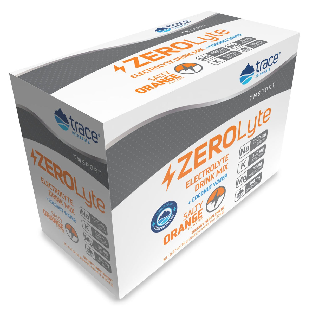 Trace Minerals TMSPORT-ZeroLyte-Electrolyte Drink Mix + Coconut Water-Salty Orange Flavor 30 Packets Box