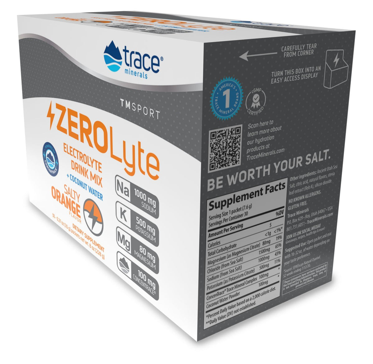 Trace Minerals TMSPORT-ZeroLyte-Electrolyte Drink Mix + Coconut Water-Salty Orange Flavor 30 Packets Box