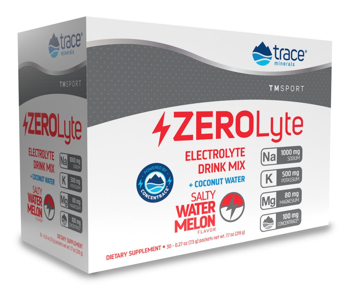 Trace Minerals TMSPORT-ZeroLyte-Electrolyte Drink Mix + Coconut Water-ZeroLyte-Salty Watermelon Flavor 30 Packets Box