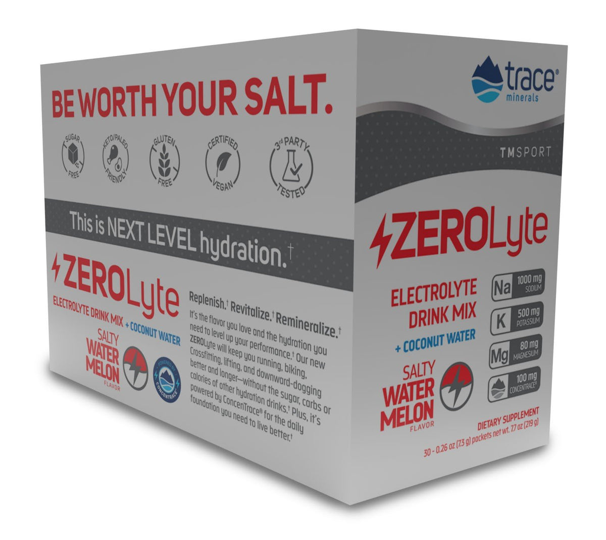 Trace Minerals TMSPORT-ZeroLyte-Electrolyte Drink Mix + Coconut Water-ZeroLyte-Salty Watermelon Flavor 30 Packets Box