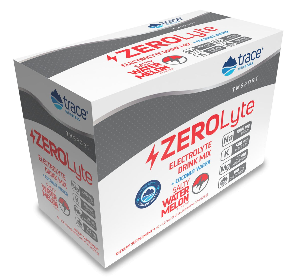 Trace Minerals TMSPORT-ZeroLyte-Electrolyte Drink Mix + Coconut Water-ZeroLyte-Salty Watermelon Flavor 30 Packets Box