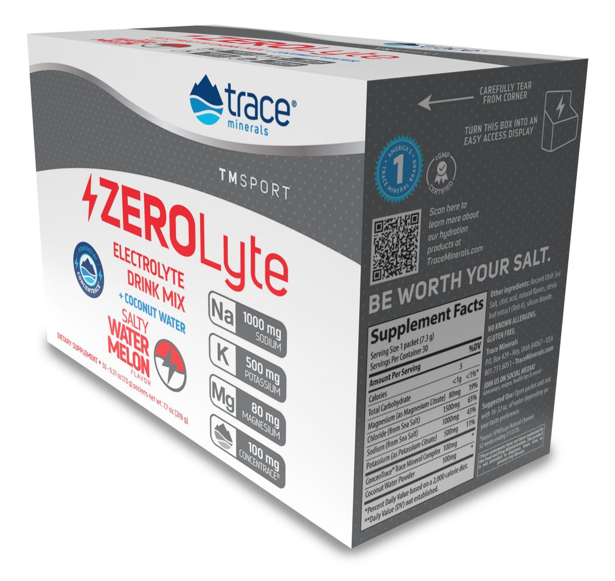 Trace Minerals TMSPORT-ZeroLyte-Electrolyte Drink Mix + Coconut Water-ZeroLyte-Salty Watermelon Flavor 30 Packets Box