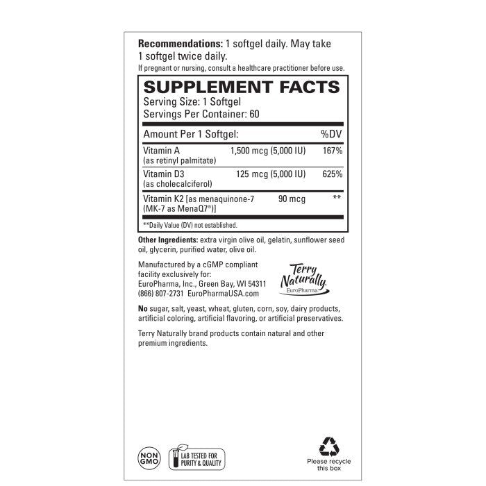 EuroPharma (Terry Naturally) Artery Strong- Vitamins A, D3, and K2 for Vascular Elasticity and Strength 60 Softgel