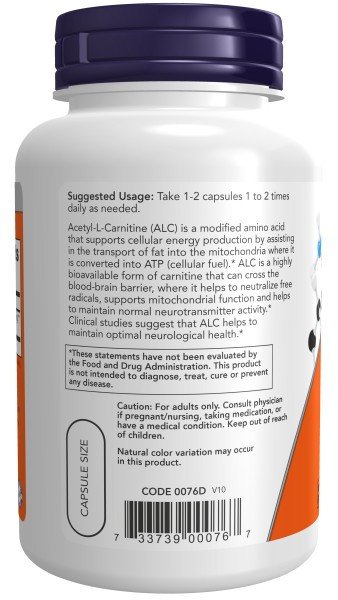 Now Foods Acetyl-L-Carnitine 500mg 100 Capsule