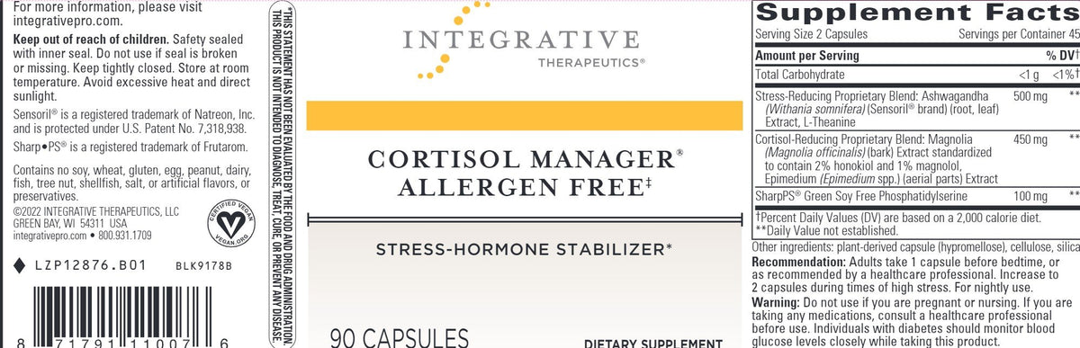 Integrative Therapeutics Cortisol Manager Allergen Free 90 Capsules