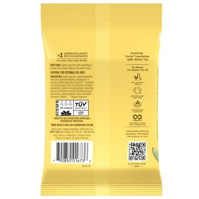 Burt&#39;s Bees Purifying 2-in-1 Facial Towelettes with White Tea Extract 10 Towelette