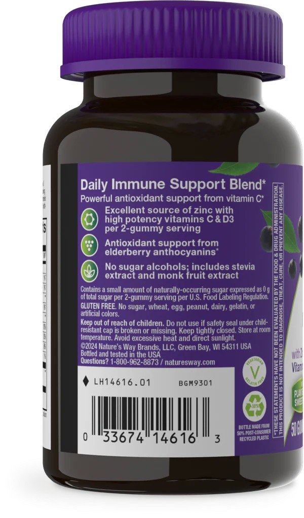 Nature&#39;s Way Sambucus Zero Sugar Immune Gummy Elderberry with Zinc Vitamin C &amp; D3 50 Gummy