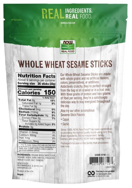 Now Foods Whole Wheat Sesame Sticks 9 oz Bag