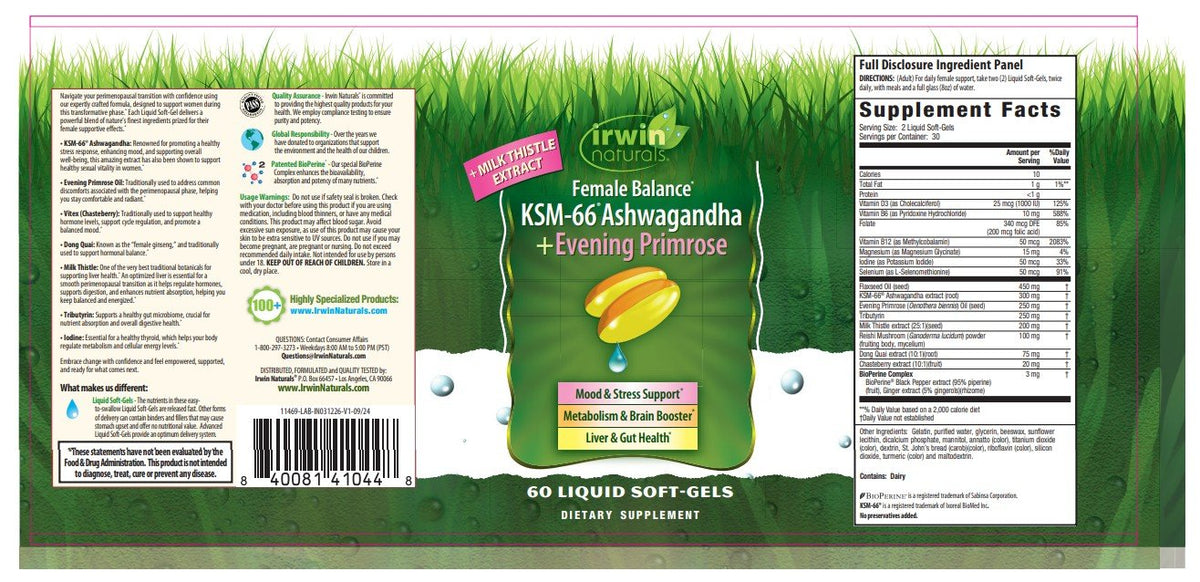 Irwin Naturals Female Balance KSM-66 Ashwagandha + Evening Primrose 60 Softgel
