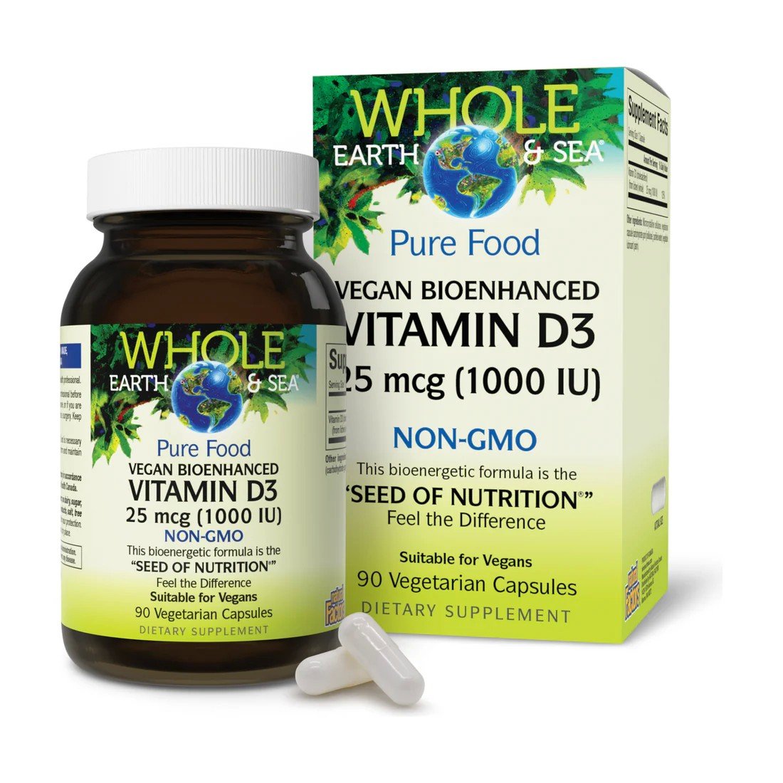 Natural Factors Whole Earth & Sea Vegan Bioenhanced Vitamin D3 25 mcg (1,000 IU) 90 Veg Cap