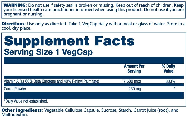 Solaray Dry Form Vitamin A as Beta Carotene &amp; Retinyl Palmitate 7500 mcg 60 VegCaps