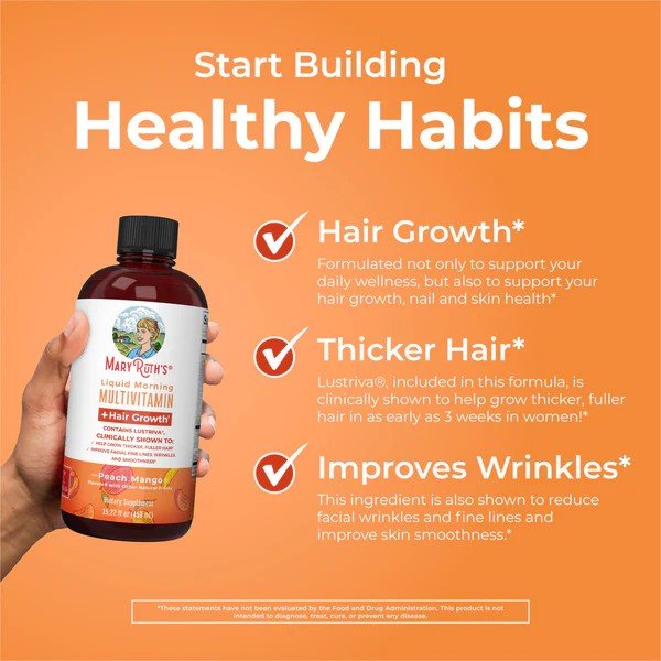 MaryRuth's Liquid Morning Multivitamin + Hair Growth-Peach Mango 15.22 fl oz(450 mL) Liquid