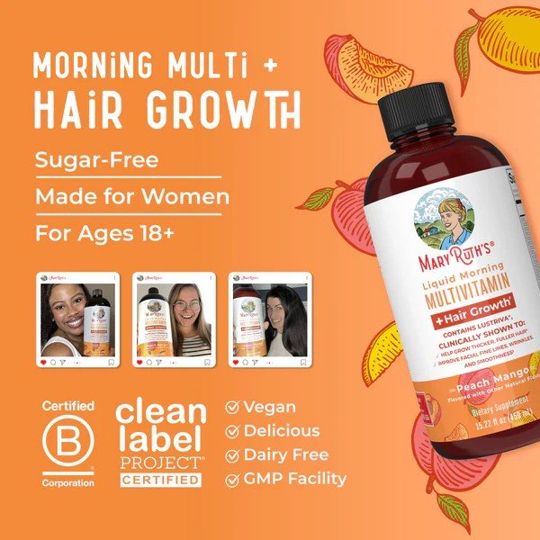 MaryRuth's Liquid Morning Multivitamin + Hair Growth-Peach Mango 15.22 fl oz(450 mL) Liquid