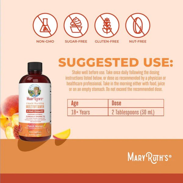 MaryRuth's Liquid Morning Multivitamin + Hair Growth-Peach Mango 15.22 fl oz(450 mL) Liquid