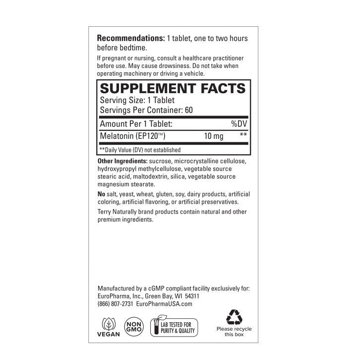 EuroPharma (Terry Naturally) Melatonin EP120 10 mg Sustained 60 Tablet