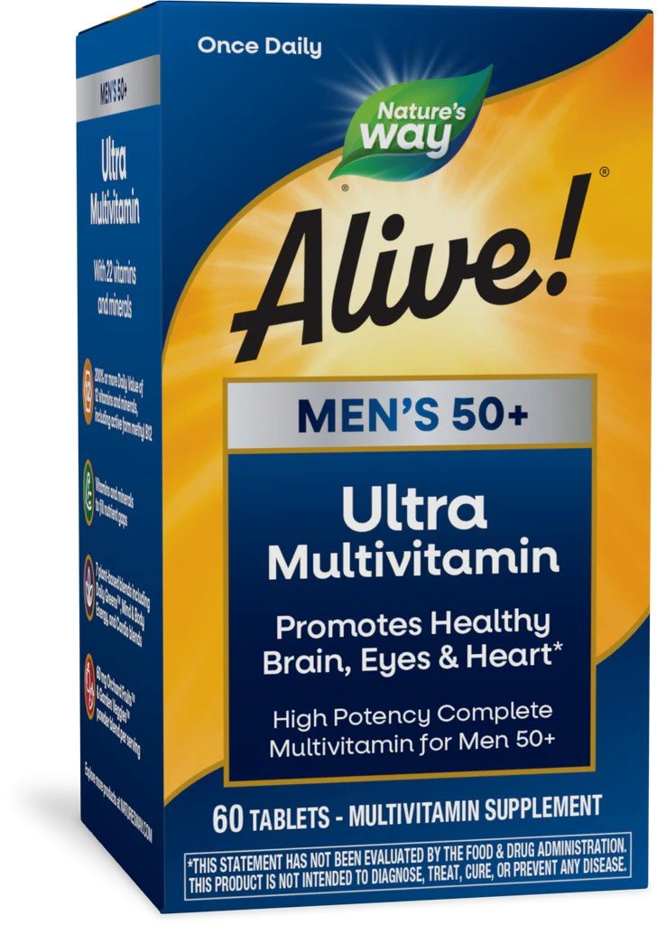 Men's 50+ Ultra Multivitamin | Alive! Nature's Way | Promotes Healthy Brain, Eyes, & Heart | High Potency Complete Multivitamin for Men 50+ | Once Daily | 60 Tablets | Multivitamin Supplement | VitaminLife