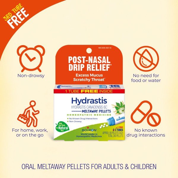 Boiron Hydrastis Canadensis 6C 3 MDT Homeopathic Medicine For Post-Nasal Drip Relief 3 Tubes Box