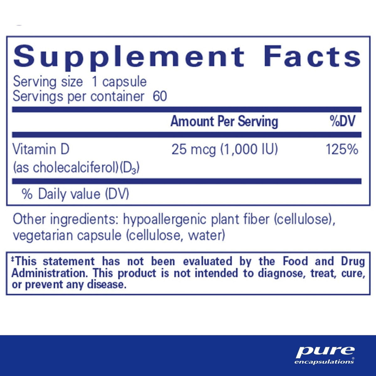 Pure Encapsulations Vitamin D3 - 25mcg (1,000 IU) 60 Capsule