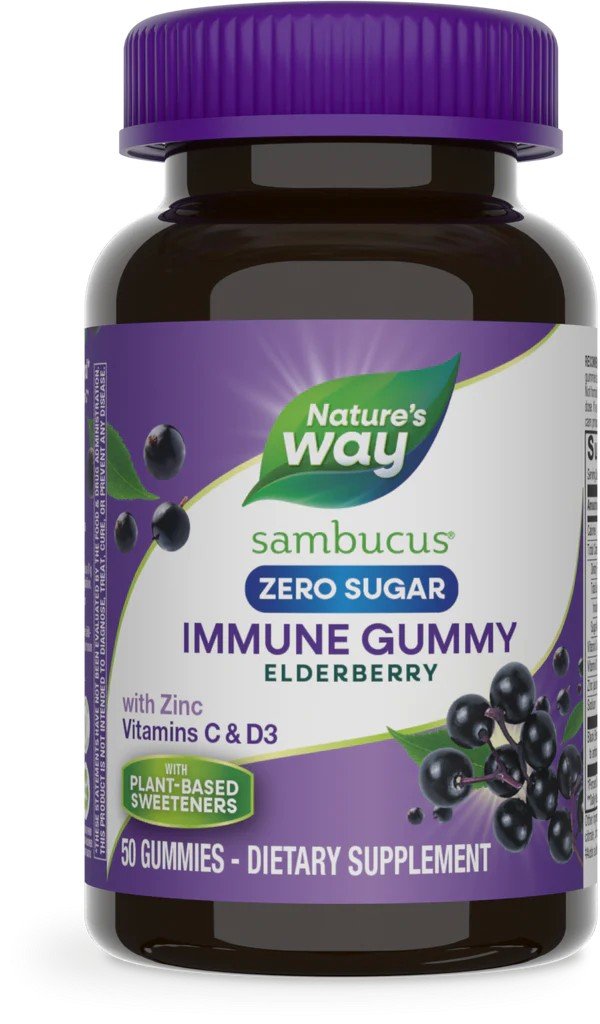 Nature's Way Sambucus Zero Sugar Immune Gummy Elderberry with Zinc Vitamin C & D3 50 Gummy