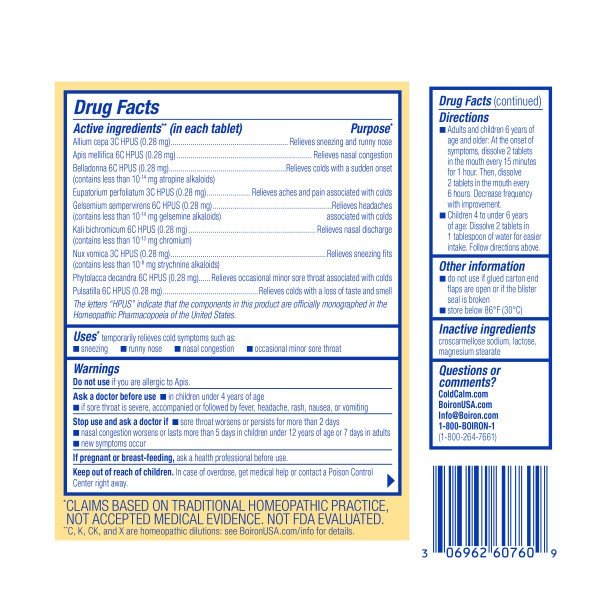 Boiron ColdCalm Homeopathic Medicine For Cold Relief 60 Tablet