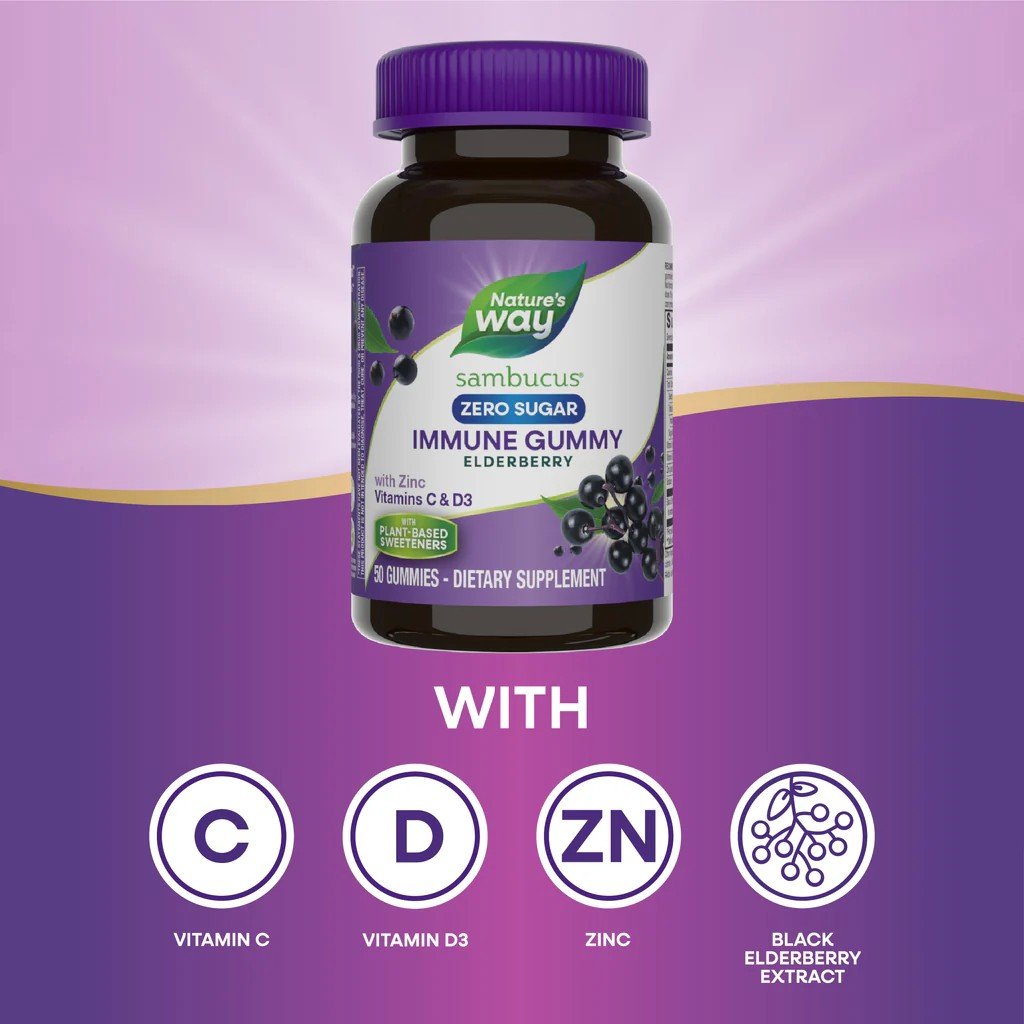 Nature&#39;s Way Sambucus Zero Sugar Immune Gummy Elderberry with Zinc Vitamin C &amp; D3 50 Gummy