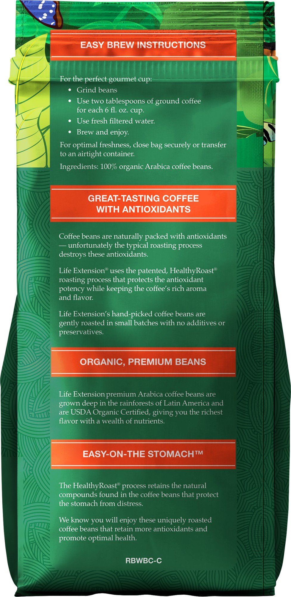 Life Extension Rainforest Blend Whole Bean Coffee 12 oz Bag