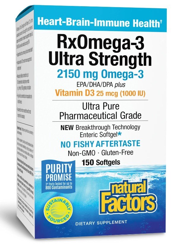 RxOmega-3 Ultra Strength | Natural Factors | Omega-3 | EPA | DHA | DPA | Vitamin D3 | Heart Health | Circulatory Health | Joint Flexibility | Brain Health | Eye Health | Nerve Health | Pharmaceutical Grade | Non GMO | Gluten Free | Enteric Softgel | Dietary Supplement | 150 Softgels | VitaminLife