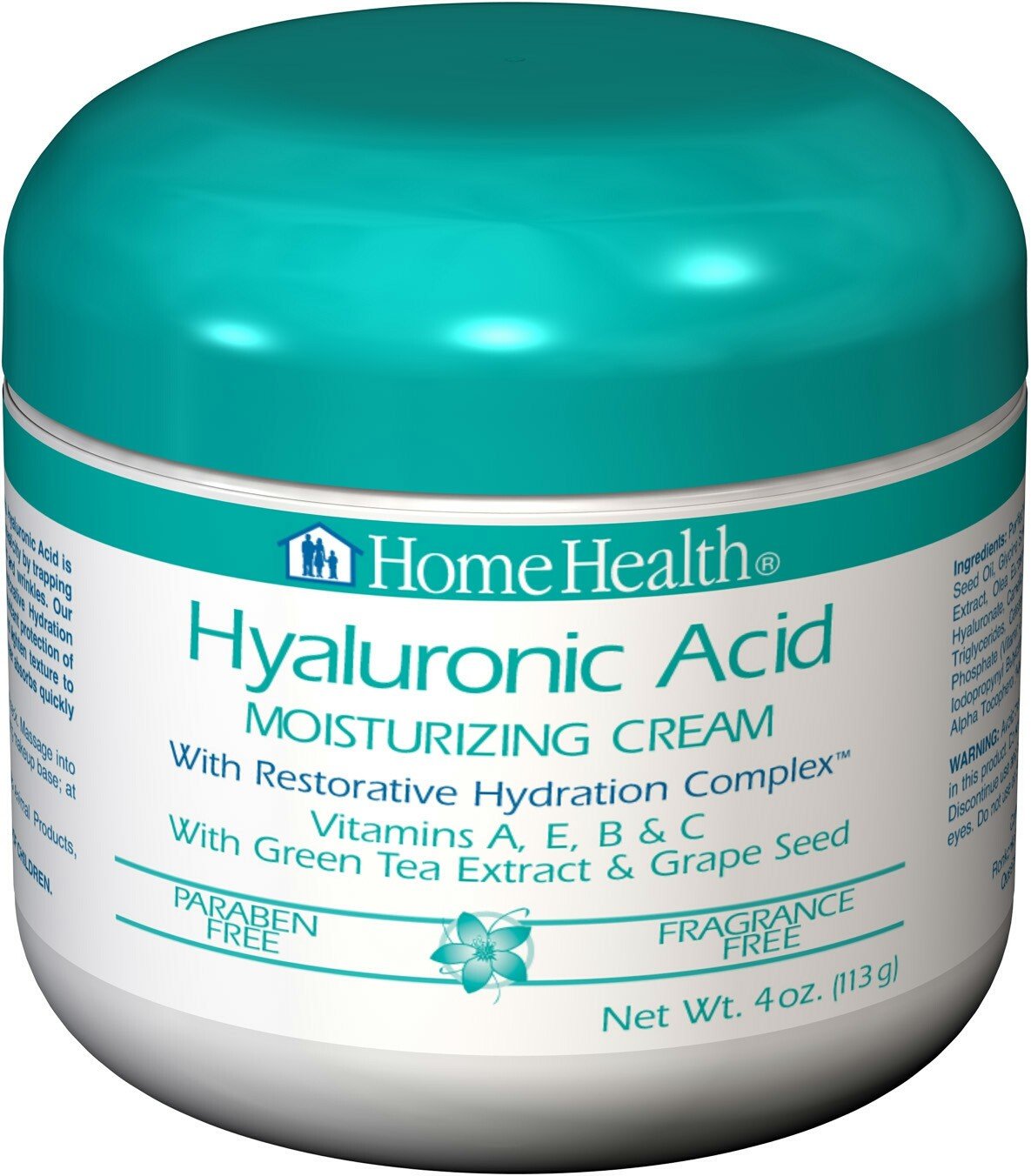 Hyaluronic Acid Moisturizing Cream | Home Health | Vitamin A | Vitamin E | Vitamin B | Vitamin C | Green Tea Extract | Grape Seed | Paraben Free | Fragrance Free | 4 ounces | 113 grams | Cream | VitaminLife