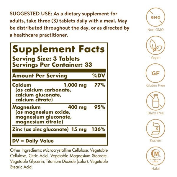 Solgar Calcium/Magnesium/Zinc 100 Tablet