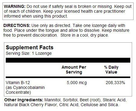 Natures Life Vitamin B-12 5000mcg Cherry Flavor - Vegetarian, Yeast-Free 50 Lozenge