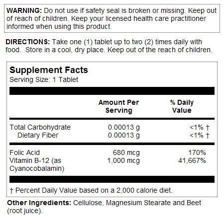 Natures Life Vitamin B-12 1000mcg - Vegetarian, Yeast-Free 250 Tablet