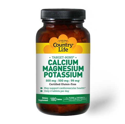 Calcium Magnesium Potassium | Country Life | 500 milligram Calcium | 500 milligram Magnesium | 99 milligram Potassium | Gluten Free | 2 per day | Dietary Supplement | 180 Tablets | VitaminLife